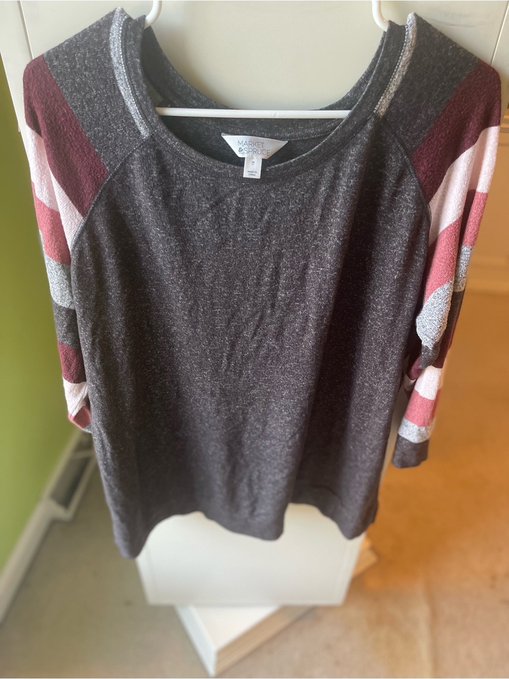 Market & Spruce Dark Gray Raglan Top with Pink & Burgundy Stripe Sleeves